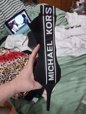 Michael Kors Black Stretch Sock Stiletto Bootie with White Logo Tape